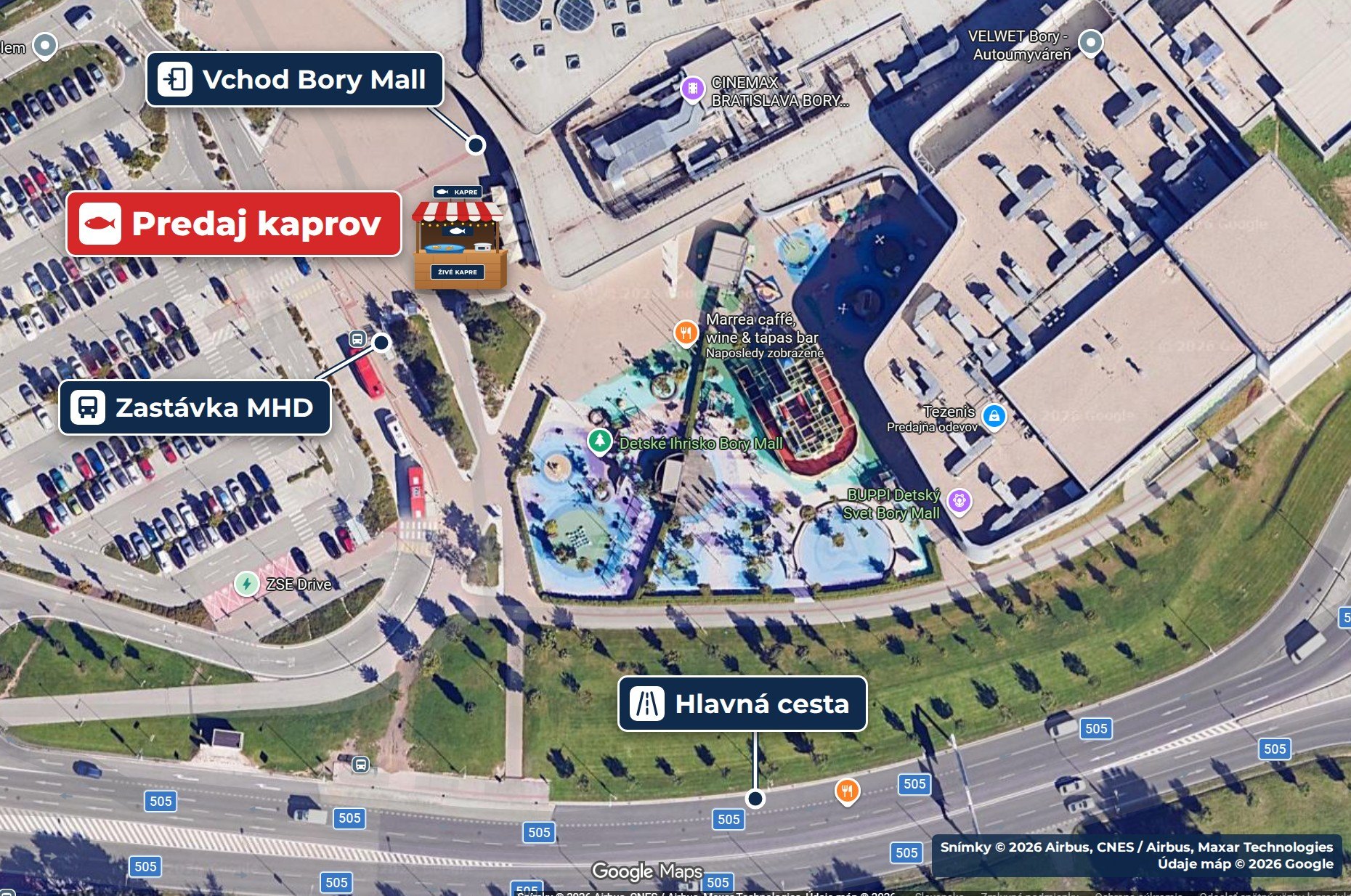 Mapka: stánok s predajom kaprov pri vchode do Bory Mall od zastávky MHD, pri reštaurácii KUBU